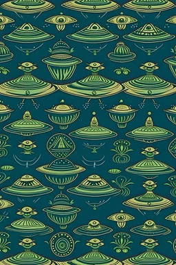 UFO and amphibian pattern wallpaper, arts and crafts style