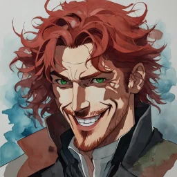 dnd, fantasy, watercolour, large strokes, stylistic, portrait, illustration, dull colours, male, face, narrow long face, weathered face, green eyes, determined, smiling, red hair, very long hair streaming down the shoulders, lush hair, radiating light, five o'clock shadow, elegant, short small mouth, wide smile