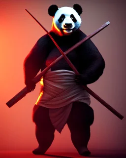 Cool Panda assassin boss in clothes game character, dark lighting , Blender, octane render, high quality masterpiece