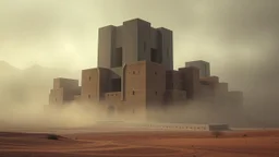 Massive brutalist architecture emerging from a desert landscape, fused with the ancient ksar structures of Ksar Ouled Soltane, partially hidden in dense fog. Monumental concrete forms mixed with traditional North African clay granaries, cinematic composition, ultra detailed, photorealistic, atmospheric lighting, dark surreal mood, mysterious scale, soft sandstorm haze, moody shadows, dystopian yet ancient feeling, high contrast, realistic textures, epic wide-angle shot, fog