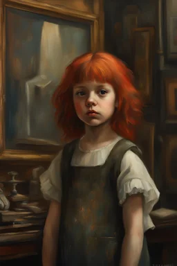 Little girl with red hair in Cyberpunk wunderkammer painted by Vermeer, unsane details, soft colors