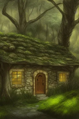 a small, moss covered, stone cottage in a clearing in the woods elegant pencil sketch digital painting extremely detailed very attractive dynamic lighting award winning fantastic view crisp quality