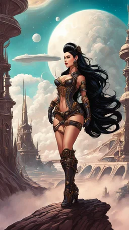 exotic sci-fi steampunk pin-up girl, with long dark hair, on an alien planet with cloud trees, tall spires, buildings, arches and bridges