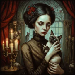 woman with Siamese cat in Gothic, Realism, Romantism, GothicNeo, Surrealism.