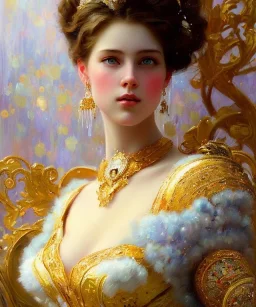 realist impressionist portrait of "The Curious Female" by Ross Tran rework. Masterpiece, best quality, painted impressionist brush strokes. paint drips and drabs and splatters by and by art nouveau and richard schmid . Paint spatters, drips, drabs, dynamic, artstation, artgerm