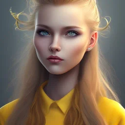 Girl with long wavy brown blond hair, yellow hawk eyes. Wears Hogwarts Hufflepuff uniform and sunglasses with a yellow clip.