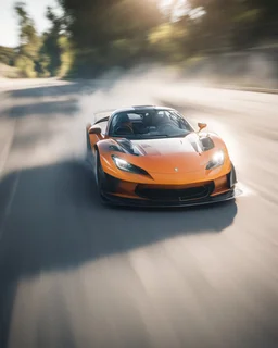 Facing front Sports car drifting around a corner, motion blur, narrow depth of field, lens flare, dynamic angle, asphalt spray, high octane energy