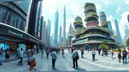 a 360 environment hdri image for :A futuristic scene depicting the bustling heart of a 2080 city center. The foreground features a diverse array of photorealistic individuals engaged with innovative, tech-enhanced elements - holographic displays, autonomous transportation, immersive public art. In the background, a panoramic vista of the larger city skyline - towering organic skyscrapers, elevated transit, verdant green spaces. Convey a sense of scale, depth and awe-inspiring technological wond