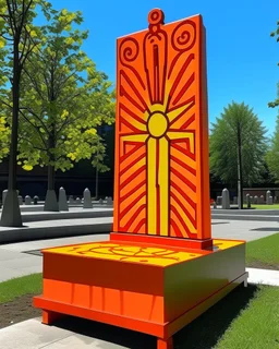 A light rosy orange colored sun obelisk painted by Keith Haring