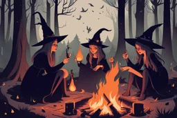 witches around a campfire in the woods