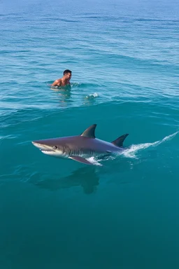 A (((a man in the ocean on a sinking boat))) is in awe of a (((great white shark))), whose form is so distinctively pointed out by the man, with its sleek contours and powerful silhouette drawing attention in the serene (((ocean waters)))