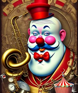 happy old friendly fat clown with round head and trimmed beard playing jazz with a steampunk theme, circus, realistic