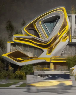 Arte de tinta casa estilo Zaha Hadid color rojo amarillo y blanco 8k