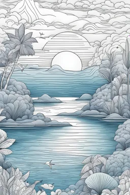 A sky ans sea in cartoon style with thin lines, no color, white background, only strokes, minimalism, simple lines