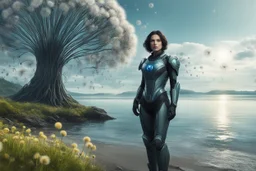 young woman in an android suit with dark hair, standing on the shore of an alien sea, with flying forests of dandelion seed head trees in the distance