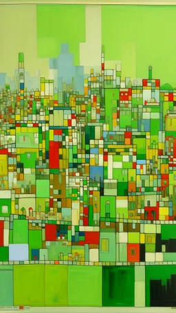 A light green city with a large carnival painted by Piet Mondrian