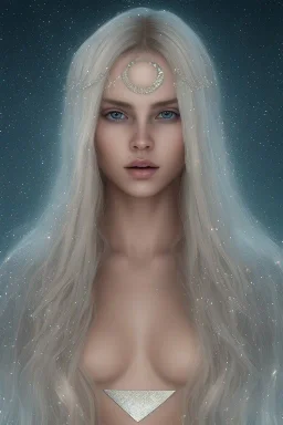 voile d'étoile dans le ciel, femme cosmique, belle, fine, jolie bouche douce subtile, long cheveux blond etoilés, bijou de cristal bleu sur le front , dans plan d'eau, vray, cgi, reflets de lumen, prairie