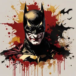 poster in two gradually, a one side Batman darkred and other side Joker gold tones, painting by Yoji Shinkawa,