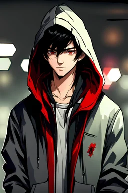 18-year-old boy with black hair and a hairstyle with red-colored eyes in a hoodie, smirk