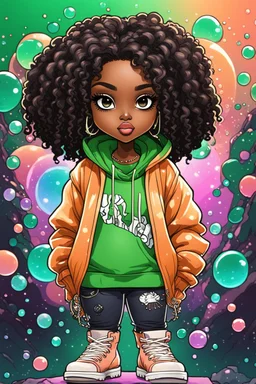 Create an colorful psychedelic comic book illustration of a chibi cartoon black female thick curvy wearing a cut of green and peach hoodie and white jeans and timberland boots. Prominent make up with long lashes and hazel eyes. Highly detailed shiny sister locs. Background of a large bubbles all around her