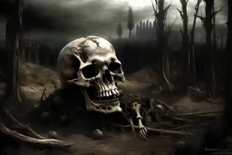 hell city, city of the dead, dead forest, robot skull, realistic image, photographic image