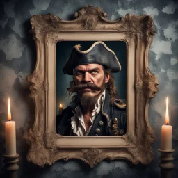 Hyper Realistic vintage view of a portrait frame of an angry pirate with big moustache on a peeling paint wall with candles on wall at night