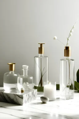 Visualize an elegant, minimalist scene where classic meets contemporary. Picture vintage glass apothecary jars alongside sleek, modern skincare packaging, arranged artfully on a marble countertop or against a backdrop of soft, diffused lighting. Include elements evoking purity and timelessness, like a blossoming flower or a crystal-clear stream.