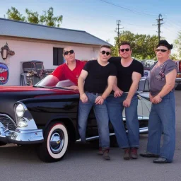 a 50s Greaser group standing in front of a hot rod