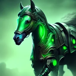 A beautiful portrait of a cyborg horse green color scheme, high key lighting, volumetric light high details psychedelic background