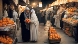 A full-length Palestinian girl wearing an embroidered dress and a white embroidered shawl buys oranges from an old seller wearing a keffiyeh in the market of Jerusalem, 100 years ago, at night with multi-colored lights reflecting on her.