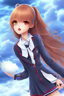 Stunning anime schoolgirl with striking looks in a stormy background