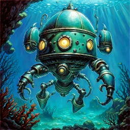 90's TCG fantasy artwork art of nautilus robot underwater