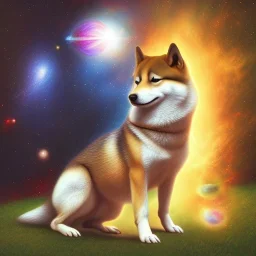 third eye ascension shiba inu doge with heaven glowing aura Q anon galaxy orbs space cadet