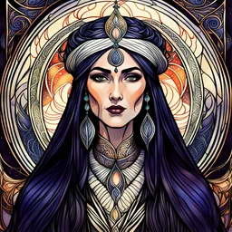 create an ethereal, darkly magical art nouveau illustration of an epic aged female Andalusian sorceress with highly detailed and deeply cut facial features, in the style of CHARLES RENNIE MACKINTOSH, combined with searing lines and forceful strokes, precisely drawn, boldly inked, and darkly colored