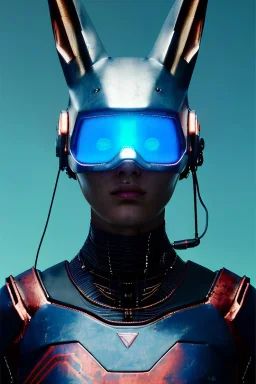 Medium Close Up Portrait, Front image. cyberpunk, rabbit mask, teenager, asian woman, cyber helmet head. Titanium dress. Red, blue, color. Steampunk style. renaissance ornaments, Color background, photo studio. Front image, highly detailed, concept art, smooth, unreal engine 5, ray tracing, RTX, lumen lighting, ultra detail, volumetric lighting, 3d, finely drawn, high definition, high resolution.