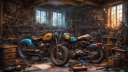 Riparare moto. Emozionante, fantastico e sgangherato laboratorio di fantasia magica, diverse vecchie motociclette colorate smontate per riparazioni, motori, olio, ruote, telaio, ingranaggi, ragnatele, strumenti meccanici colorati e intricati, ingegneria straordinaria, fotografia pluripremiata, estremamente dettagliata, bellissima composizione, capolavoro, fotorealismo , luce volumetrica naturale morbida e perfetta, chiaroscuro, Heath Robinson, Escher, Disney, Pixar