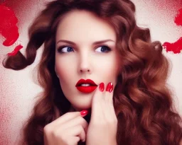 Beautiful portrait female, long brown wavy hair, barrel roll curls, looking down and to the side, full red lips, hand up like blowing a kiss, side profile