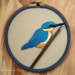 exquisite kingfisher in embroidery hoop, intricate, highly detailed, linen and wood backdrop