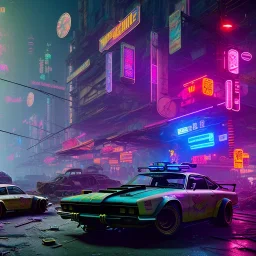 photo quality, unreal engine render, highest quality, stop-motion animation, vivid neon colors, volumetric lighting, cyberpunk 2077, classic car junkyard, deep colors in a dark setting background, post-apocalyptic,