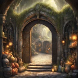 The age old entrance portal to a market for magical items. Magical, Epic. Dramatic, highly detailed, digital painting, masterpiece, lord of the rings, the hobbit