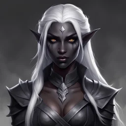 female drow from dungeon and dragons that resembles a dark elf but with dark charcoal skin tone with deep black eyes, long stark white hair, with a angry face, and slender face, young, with small lips and small nose, beautiful, young, realistic, magical, dancing, wearing a leather hacker, scars, magical, braids, high checkbone