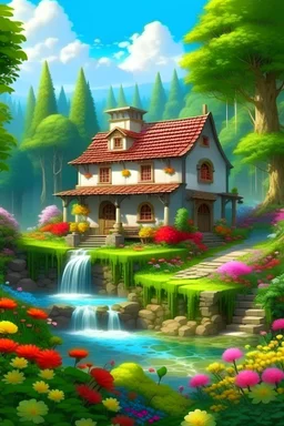 rumah yang dikelilingi oleh bunga, air terjun, pepohonan