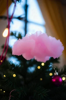 A plastic pink cloud floating in the christmas tree
