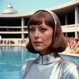 [vintage style noisy scratches glitches, Shot the texture and then rewound the film and double exposed the face] Jenny Agutter as Jessica in Logan's Run (1976) in her iconic costume close to the dome swimming pool