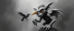air brush 3d with pen outline, mongrel goblin gremlin holding big big bird, charcoal fog border