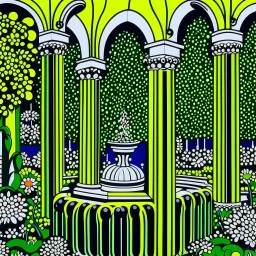 A lime green flower garden with a fountain designed in Navajo woven art painted by Roy Lichtenstein