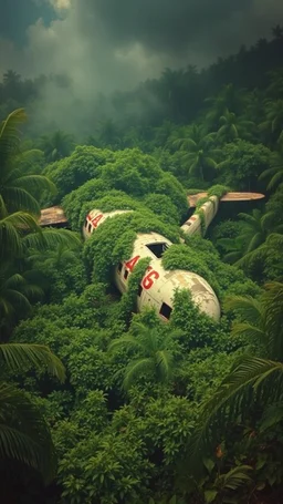 An old airplane crashed in rainforest covered with green bushes, Busch painting style nightmare