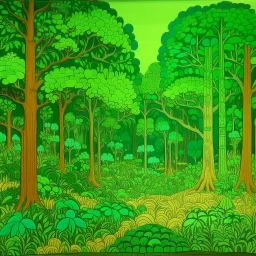 A green and neon green forest with acorns and bees designed in Bayeux tapestry painted by Frank Lloyd Wright