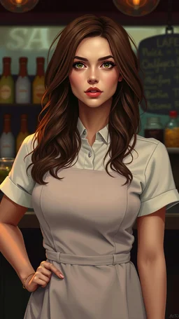 portrait of a barista with thick hair wearing a dress,extreme detail, artsy dark bar background