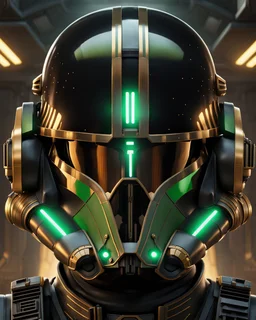 star wars bald male corellian pilot wearing black and bright gasoline green First Order special forces TIE pilot commando armored flightsuit and helmet with gold trim inside the jedi temple, centered head and shoulders portrait, hyperdetailed, dynamic lighting, hyperdetailed background, 8k resolution, volumetric lighting, light skin, fully symmetric details